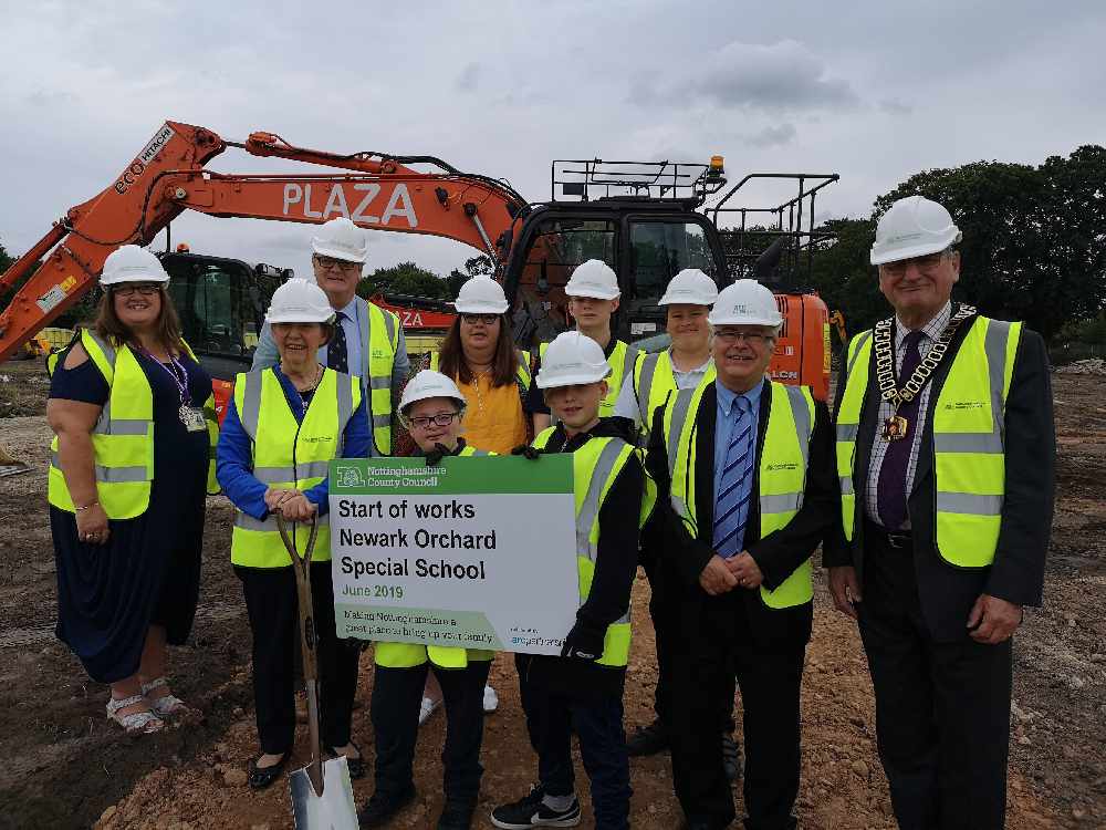 Children from  Newark Orchard School with Councillor Kay Cutts, Leader of Nottinghamshire County Council at the turf -cutting ceremony.