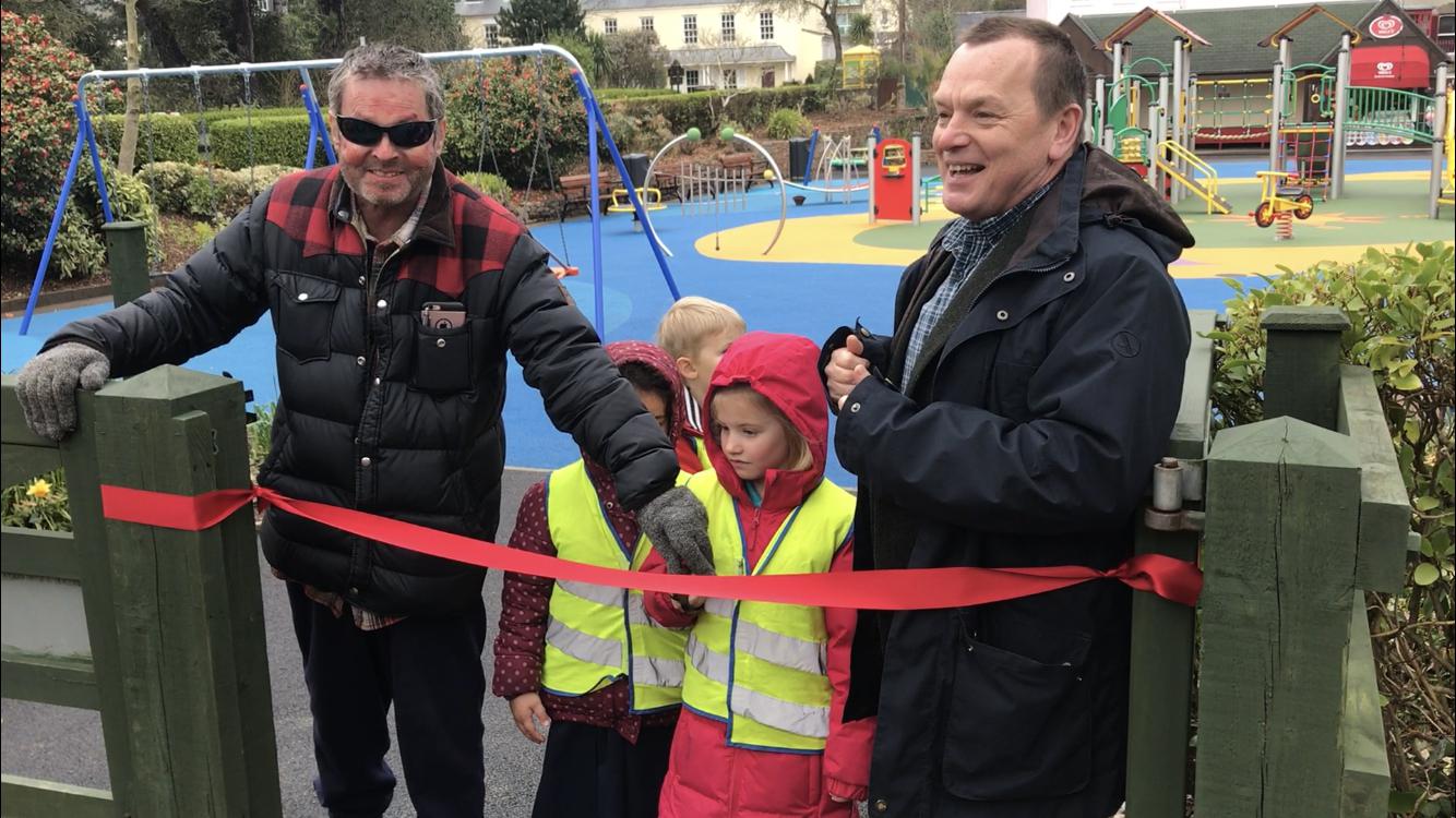 Richard and Eddie open the refurbished playground at Coronation Park in March 2018.