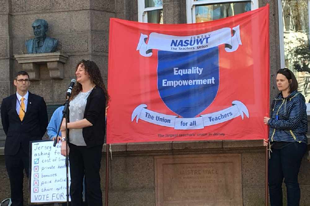 Teacher Pip Dobson addressing the mass of NASUWT members in the Royal Square.