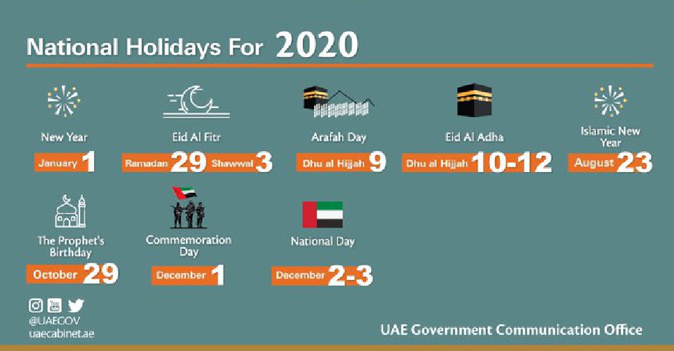 UAE holidays announced for 2020 - TAG 91.1, ramadan 2020 uae public holidays